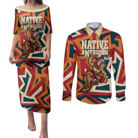 Native American Warrior Couples Matching Puletasi and Long Sleeve Button Shirt with Tribal Geometric Pattern Bold Sunset Mountain - Wonder Print Shop