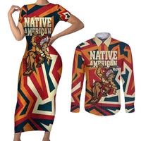 Native American Warrior Couples Matching Short Sleeve Bodycon Dress and Long Sleeve Button Shirt with Tribal Geometric Pattern Bold Sunset Mountain - Wonder Print Shop