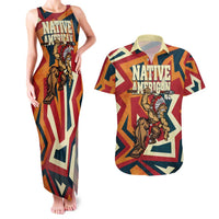 Native American Warrior Couples Matching Tank Maxi Dress and Hawaiian Shirt with Tribal Geometric Pattern Bold Sunset Mountain - Wonder Print Shop