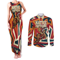 Native American Warrior Couples Matching Tank Maxi Dress and Long Sleeve Button Shirt with Tribal Geometric Pattern Bold Sunset Mountain - Wonder Print Shop