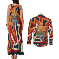 Native American Warrior Couples Matching Tank Maxi Dress and Long Sleeve Button Shirt with Tribal Geometric Pattern Bold Sunset Mountain - Wonder Print Shop