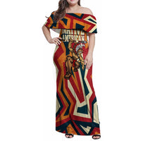 Native American Warrior Family Matching Off Shoulder Maxi Dress and Hawaiian Shirt with Tribal Geometric Pattern Bold Sunset Mountain - Wonder Print Shop