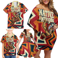 Native American Warrior Family Matching Off Shoulder Short Dress and Hawaiian Shirt with Tribal Geometric Pattern Bold Sunset Mountain - Wonder Print Shop