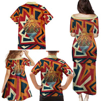 Native American Warrior Family Matching Puletasi and Hawaiian Shirt with Tribal Geometric Pattern Bold Sunset Mountain - Wonder Print Shop