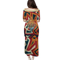 Native American Warrior Family Matching Puletasi and Hawaiian Shirt with Tribal Geometric Pattern Bold Sunset Mountain - Wonder Print Shop