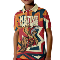 Native American Warrior Kid Polo Shirt with Tribal Geometric Pattern Bold Sunset Mountain - Wonder Print Shop