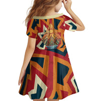 Native American Warrior Kid Short Sleeve Dress with Tribal Geometric Pattern Bold Sunset Mountain - Wonder Print Shop