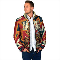 Native American Warrior Padded Jacket with Tribal Geometric Pattern Bold Sunset Mountain - Wonder Print Shop