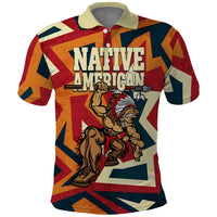 Native American Warrior Polo Shirt with Tribal Geometric Pattern Bold Sunset Mountain - Wonder Print Shop