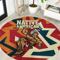 Native American Warrior Round Carpet with Tribal Geometric Pattern Bold Sunset Mountain - Wonder Print Shop