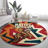 Native American Warrior Round Carpet with Tribal Geometric Pattern Bold Sunset Mountain - Wonder Print Shop