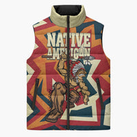 Native American Warrior Sleeveless Puffer Jacket with Tribal Geometric Pattern Bold Sunset Mountain - Wonder Print Shop