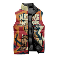 Native American Warrior Sleeveless Puffer Jacket with Tribal Geometric Pattern Bold Sunset Mountain - Wonder Print Shop