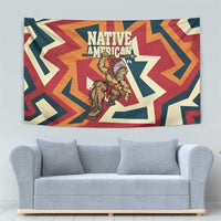 Native American Warrior Tapestry with Tribal Geometric Pattern Bold Sunset Mountain - Wonder Print Shop