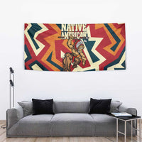 Native American Warrior Tapestry with Tribal Geometric Pattern Bold Sunset Mountain - Wonder Print Shop