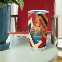 Native American Warrior Tumbler Cup with Tribal Geometric Pattern Bold Sunset Mountain - Wonder Print Shop