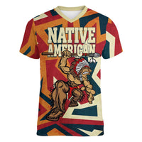 Native American Warrior Women V-Neck T-Shirt with Tribal Geometric Pattern Bold Sunset Mountain - Wonder Print Shop