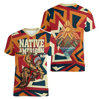 Native American Warrior Women V-Neck T-Shirt with Tribal Geometric Pattern Bold Sunset Mountain - Wonder Print Shop