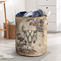 Buffalo Skull Laundry Basket Feathers Tribal Map and Historical Indigenous Native American Heritage Bison - Wonder Print Shop