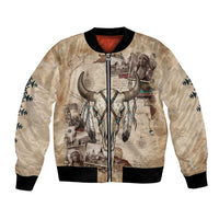 Buffalo Skull Bomber Jacket Feathers Tribal Map and Historical Indigenous Native American Heritage Bison - Wonder Print Shop