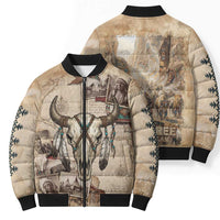 Buffalo Skull Bomber Puffer Jacket Feathers Tribal Map and Historical Indigenous Native American Heritage Bison - Wonder Print Shop