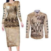 Buffalo Skull Couples Matching Long Sleeve Bodycon Dress and Long Sleeve Button Shirt Feathers Tribal Map and Historical Indigenous Native American Heritage Bison - Wonder Print Shop