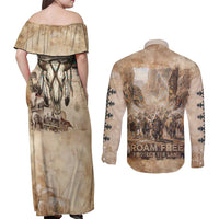 Buffalo Skull Couples Matching Off Shoulder Maxi Dress and Long Sleeve Button Shirt Feathers Tribal Map and Historical Indigenous Native American Heritage Bison - Wonder Print Shop