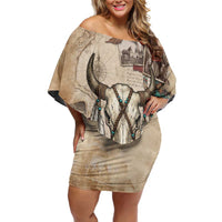 Buffalo Skull Family Matching Off Shoulder Short Dress and Hawaiian Shirt Feathers Tribal Map and Historical Indigenous Native American Heritage Bison - Wonder Print Shop