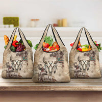 Buffalo Skull Grocery Bag Feathers Tribal Map and Historical Indigenous Native American Heritage Bison - Wonder Print Shop
