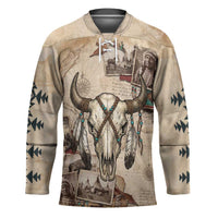 Buffalo Skull Hockey Jersey Feathers Tribal Map and Historical Indigenous Native American Heritage Bison - Wonder Print Shop