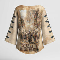 Buffalo Skull Kimono Sleeve Blouse Feathers Tribal Map and Historical Indigenous Native American Heritage Bison - Wonder Print Shop