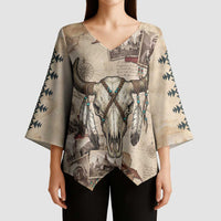 Buffalo Skull Kimono Sleeve Blouse Feathers Tribal Map and Historical Indigenous Native American Heritage Bison - Wonder Print Shop