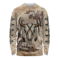 Buffalo Skull Long Sleeve Shirt Feathers Tribal Map and Historical Indigenous Native American Heritage Bison - Wonder Print Shop