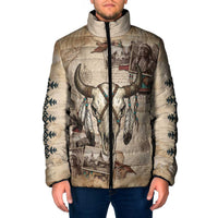 Buffalo Skull Padded Jacket Feathers Tribal Map and Historical Indigenous Native American Heritage Bison - Wonder Print Shop
