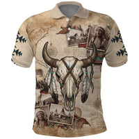Buffalo Skull Polo Shirt Feathers Tribal Map and Historical Indigenous Native American Heritage Bison - Wonder Print Shop