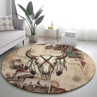 Buffalo Skull Round Carpet Feathers Tribal Map and Historical Indigenous Native American Heritage Bison - Wonder Print Shop