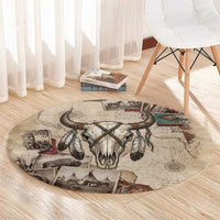 Buffalo Skull Round Carpet Feathers Tribal Map and Historical Indigenous Native American Heritage Bison - Wonder Print Shop