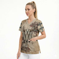 Buffalo Skull Scrub Top Feathers Tribal Map and Historical Indigenous Native American Heritage Bison - Wonder Print Shop