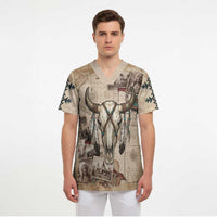 Buffalo Skull Scrub Top Feathers Tribal Map and Historical Indigenous Native American Heritage Bison - Wonder Print Shop