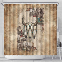 Buffalo Skull Shower Curtain Feathers Tribal Map and Historical Indigenous Native American Heritage Bison - Wonder Print Shop