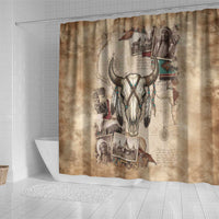 Buffalo Skull Shower Curtain Feathers Tribal Map and Historical Indigenous Native American Heritage Bison - Wonder Print Shop