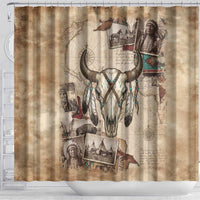 Buffalo Skull Shower Curtain Feathers Tribal Map and Historical Indigenous Native American Heritage Bison - Wonder Print Shop