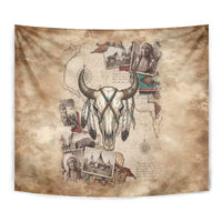 Buffalo Skull Tapestry Feathers Tribal Map and Historical Indigenous Native American Heritage Bison - Wonder Print Shop