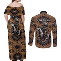 Native American Chief Warrior Couples Matching Off Shoulder Maxi Dress and Long Sleeve Button Shirt Feather Headdress and Horse Tribal Arrow Pattern - Wonder Print Shop