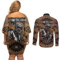 Native American Chief Warrior Couples Matching Off Shoulder Short Dress and Long Sleeve Button Shirt Feather Headdress and Horse Tribal Arrow Pattern - Wonder Print Shop