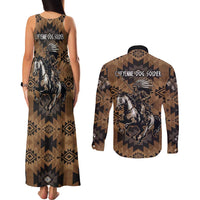 Native American Chief Warrior Couples Matching Tank Maxi Dress and Long Sleeve Button Shirt Feather Headdress and Horse Tribal Arrow Pattern - Wonder Print Shop