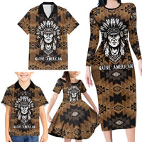 Native American Chief Warrior Family Matching Long Sleeve Bodycon Dress and Hawaiian Shirt Feather Headdress and Horse Tribal Arrow Pattern - Wonder Print Shop