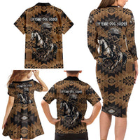 Native American Chief Warrior Family Matching Long Sleeve Bodycon Dress and Hawaiian Shirt Feather Headdress and Horse Tribal Arrow Pattern - Wonder Print Shop