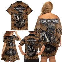 Native American Chief Warrior Family Matching Off Shoulder Short Dress and Hawaiian Shirt Feather Headdress and Horse Tribal Arrow Pattern - Wonder Print Shop