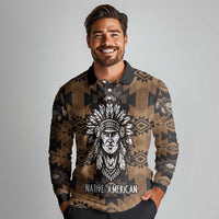 Native American Chief Warrior Long Sleeve Polo Shirt Feather Headdress and Horse Tribal Arrow Pattern - Wonder Print Shop